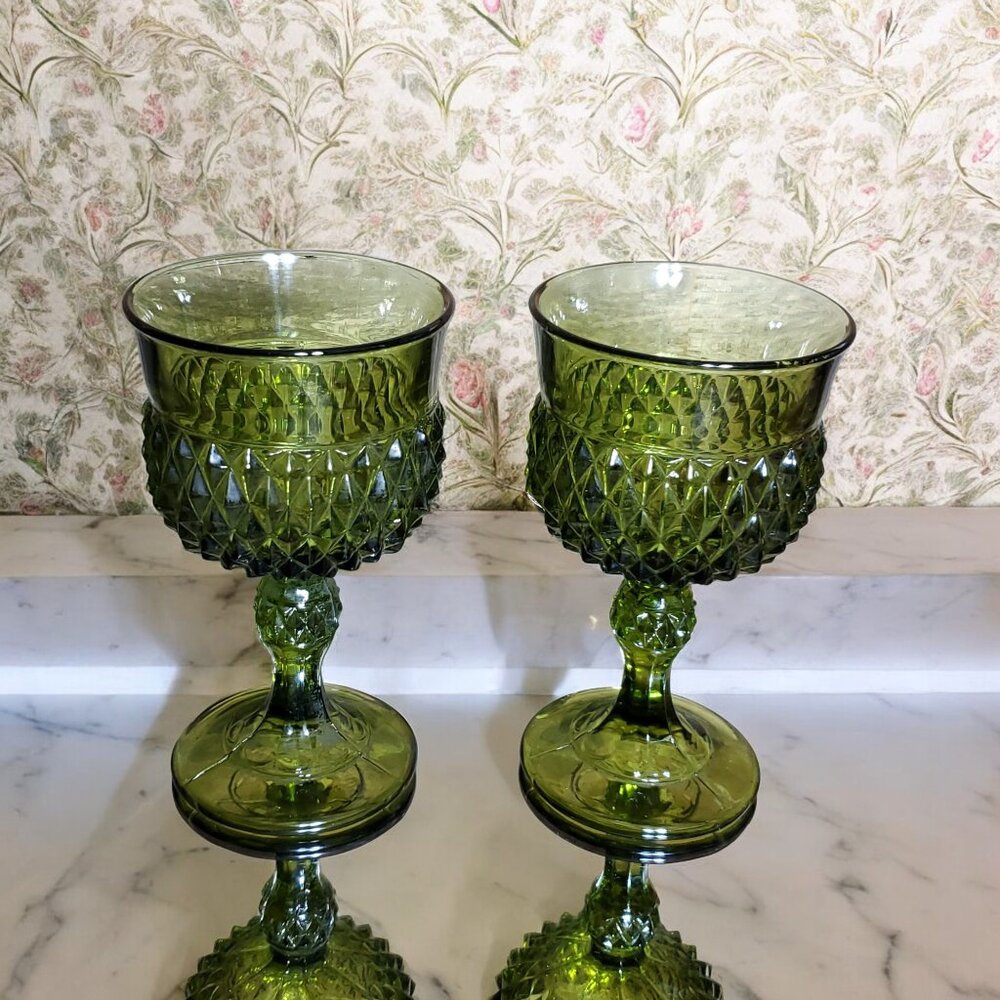 Diamond Point Green by Indiana Glass - Pair of Wine Glasses.